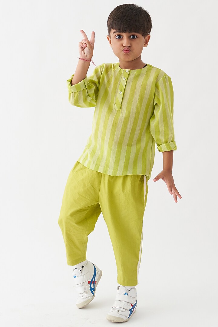 Lime Handwoven Cotton Striped Shirt For Boys by Three Kidswear at Pernia's Pop Up Shop