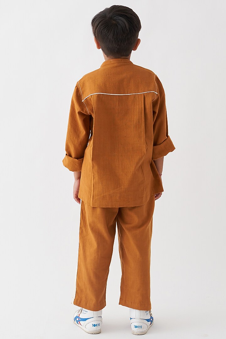 Rust Handwoven Cotton Shirt For Boys by Three Kidswear at Pernia's Pop Up Shop