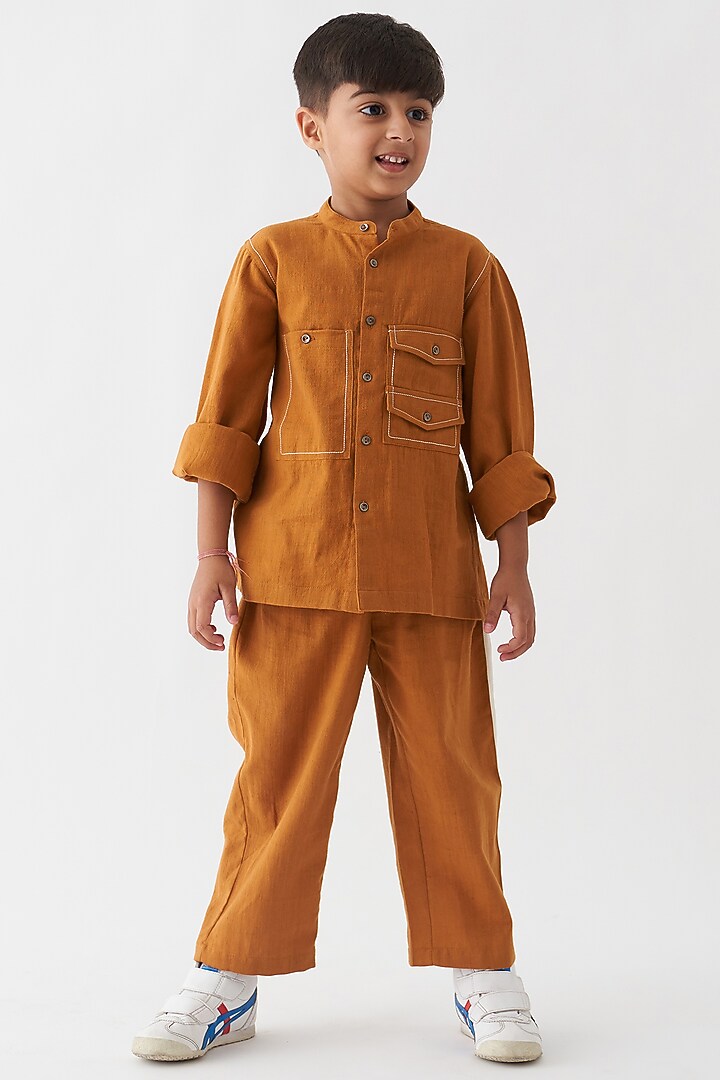 Rust Handwoven Cotton Shirt For Boys by Three Kidswear at Pernia's Pop Up Shop