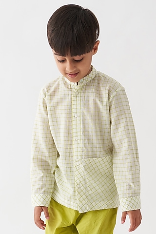 Ivory Handwoven Cotton Mul Checks Shirt For Boys by Three Kidswear