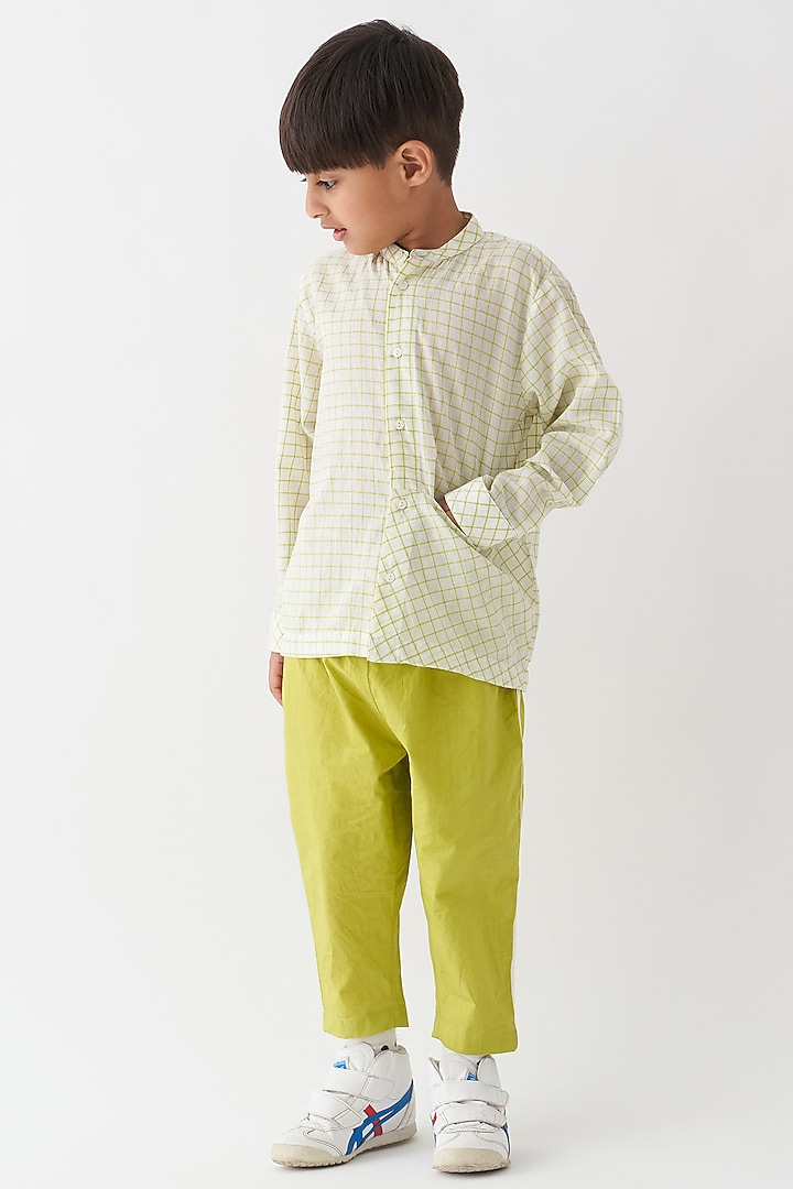 Ivory Handwoven Cotton Mul Checks Shirt For Boys by Three Kidswear at Pernia's Pop Up Shop
