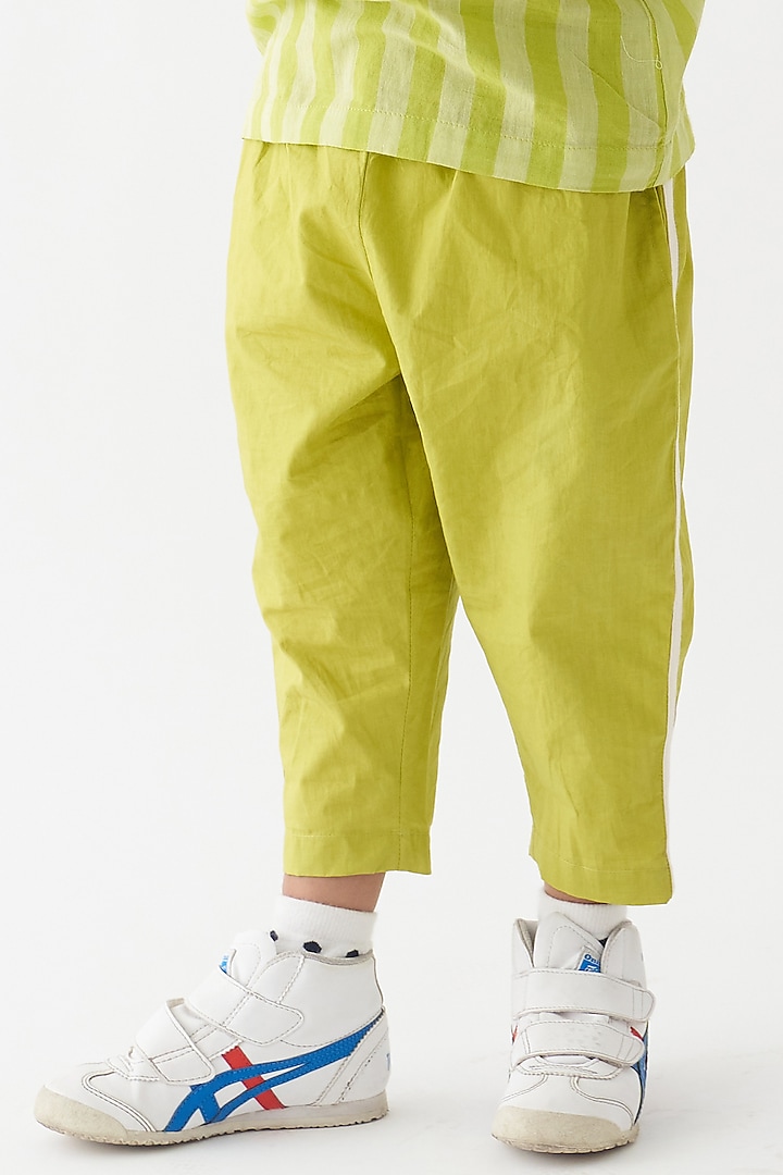 Lime Cotton Poplin Applique Striped Pants For Boys by Three Kidswear