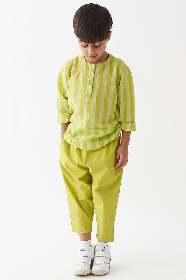 Lime Cotton Poplin Applique Striped Pants For Boys by Three Kidswear at Pernia's Pop Up Shop