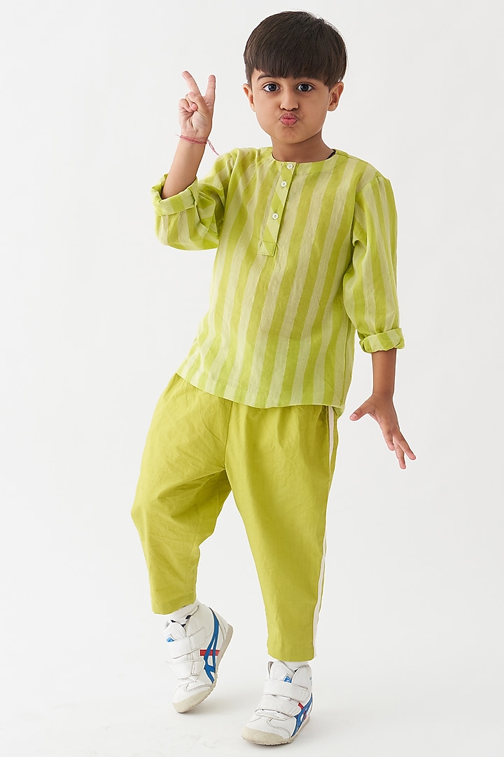Lime Cotton Poplin Applique Striped Pants For Boys by Three Kidswear at Pernia's Pop Up Shop