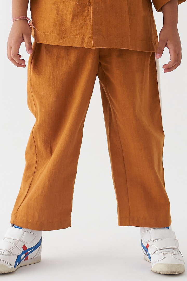 Rust Cotton Poplin Pants For Boys by Three Kidswear