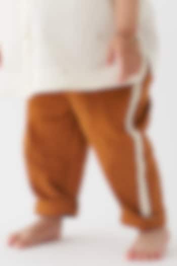 Rust Cotton Poplin Applique Striped Pants For Boys by Three Kidswear