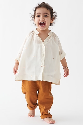 Ivory & Rust Pure Silk Applique Striped Co-Ord Set For Boys by Three Kidswear