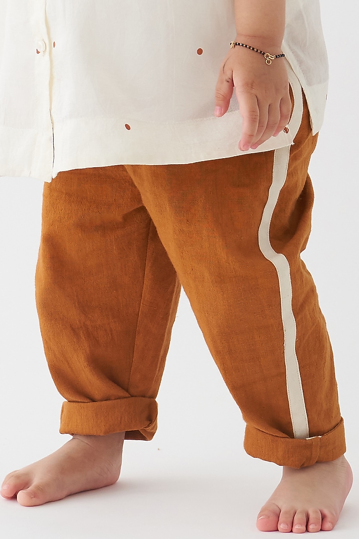 Ivory & Rust Pure Silk Applique Striped Co-Ord Set For Boys by Three Kidswear at Pernia's Pop Up Shop