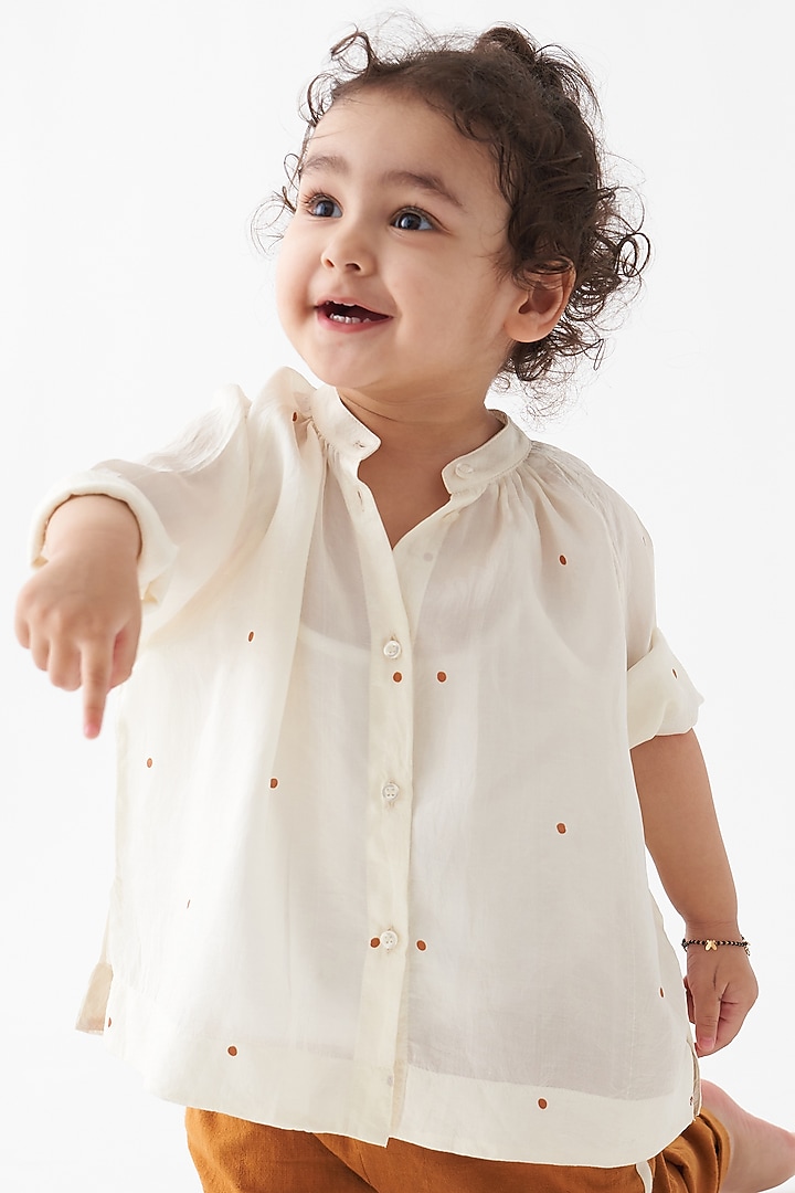 Ivory & Rust Pure Silk Applique Striped Co-Ord Set For Boys by Three Kidswear at Pernia's Pop Up Shop