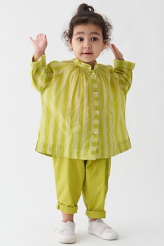 Lime Handwoven & Cotton Poplin Applique Striped Co-Ord Set For Boys by Three Kidswear
