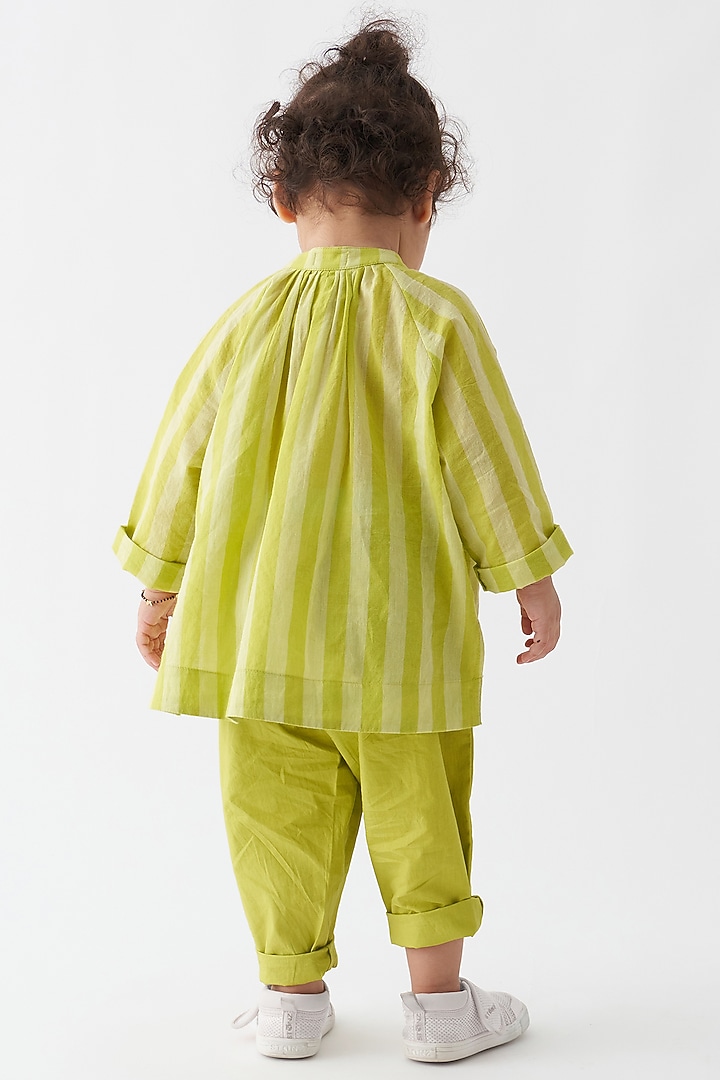 Lime Handwoven & Cotton Poplin Applique Striped Co-Ord Set For Boys by Three Kidswear at Pernia's Pop Up Shop