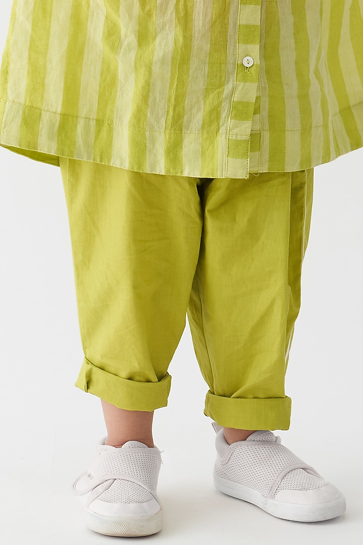 Lime Handwoven & Cotton Poplin Applique Striped Co-Ord Set For Boys by Three Kidswear at Pernia's Pop Up Shop