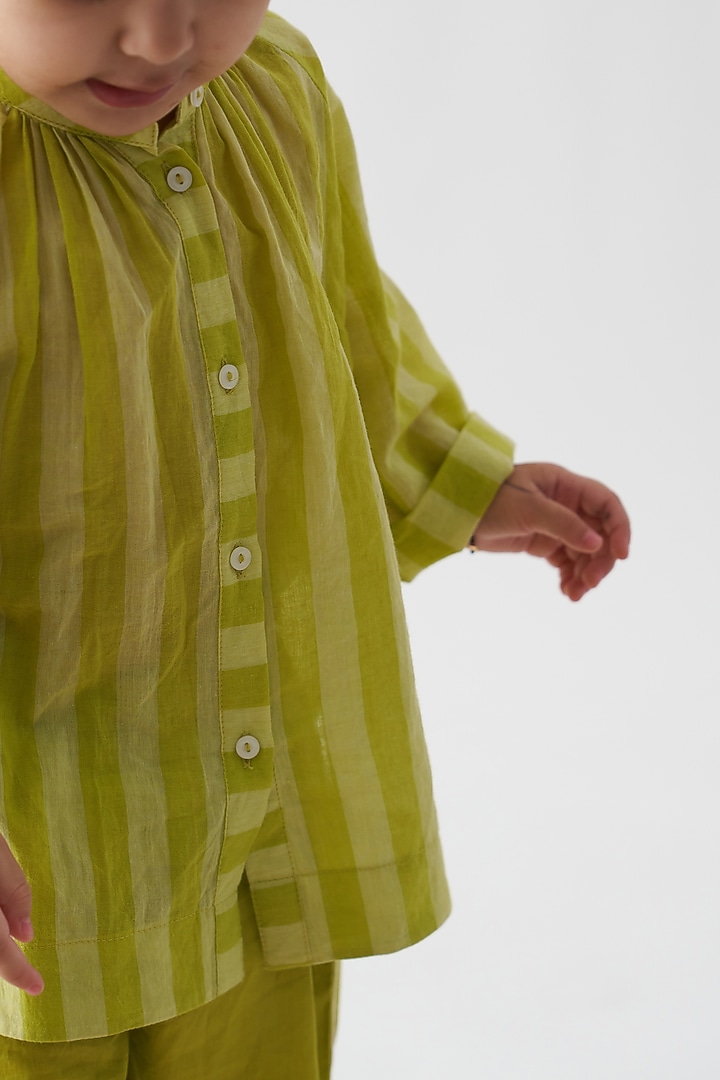 Lime Handwoven & Cotton Poplin Applique Striped Co-Ord Set For Boys by Three Kidswear at Pernia's Pop Up Shop