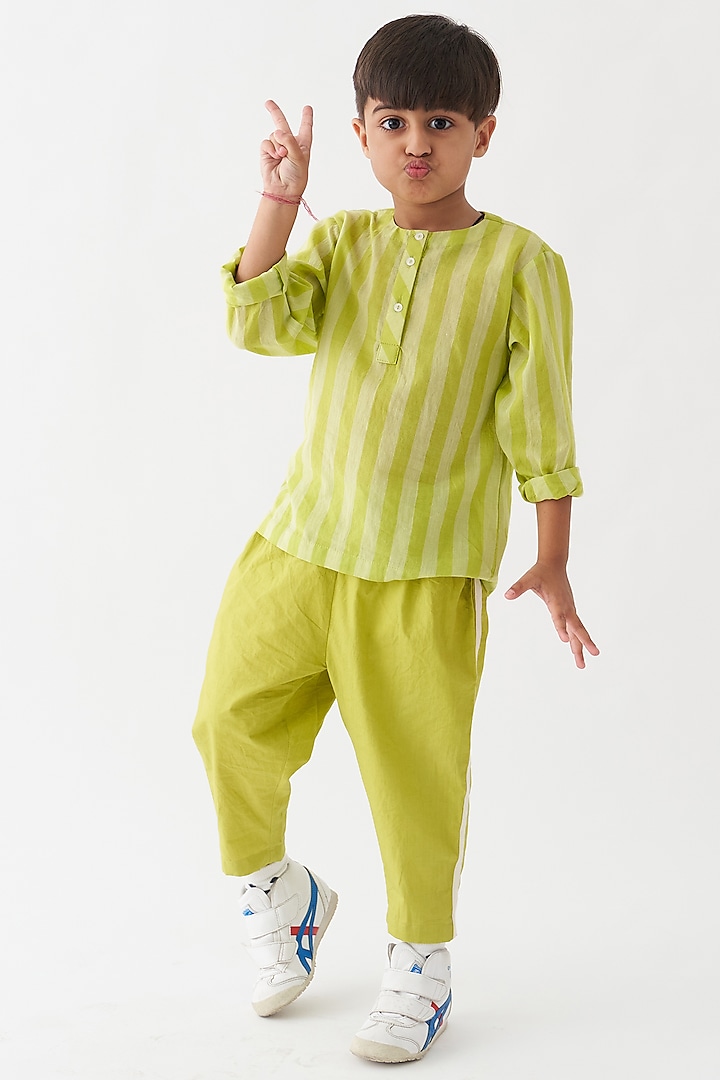 Lime Handwoven & Cotton Poplin Applique Striped Co-Ord Set For Boys by Three Kidswear
