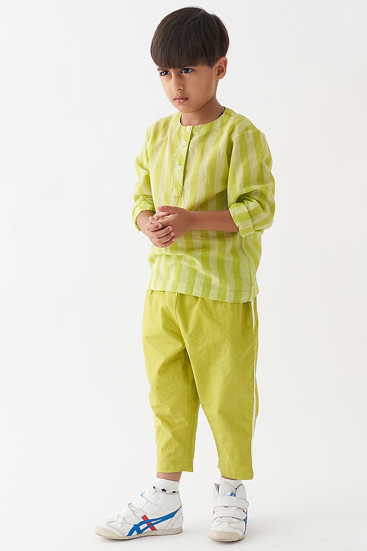 Lime Handwoven & Cotton Poplin Applique Striped Co-Ord Set For Boys by Three Kidswear at Pernia's Pop Up Shop