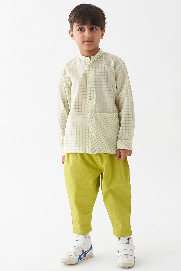 Ivory & Lime Handwoven Cotton Mul Applique Striped Co-Ord Set For Boys by Three Kidswear