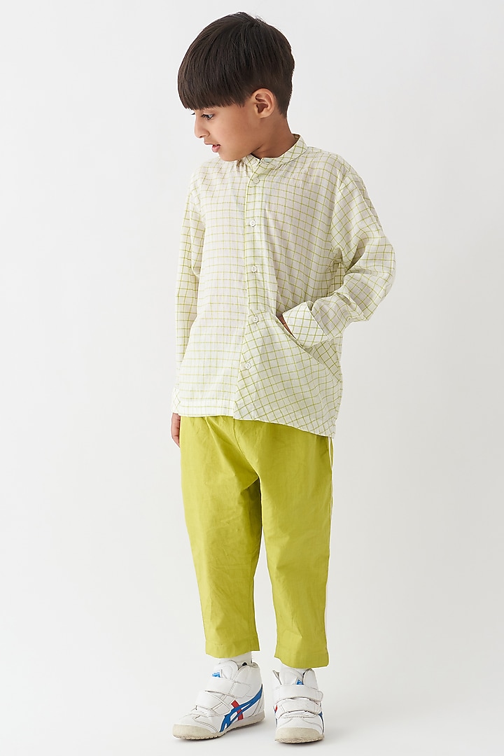 Ivory & Lime Handwoven Cotton Mul Applique Striped Co-Ord Set For Boys by Three Kidswear at Pernia's Pop Up Shop