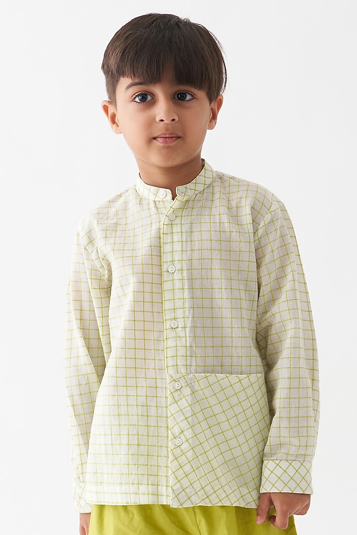 Ivory & Lime Handwoven Cotton Mul Applique Striped Co-Ord Set For Boys by Three Kidswear at Pernia's Pop Up Shop