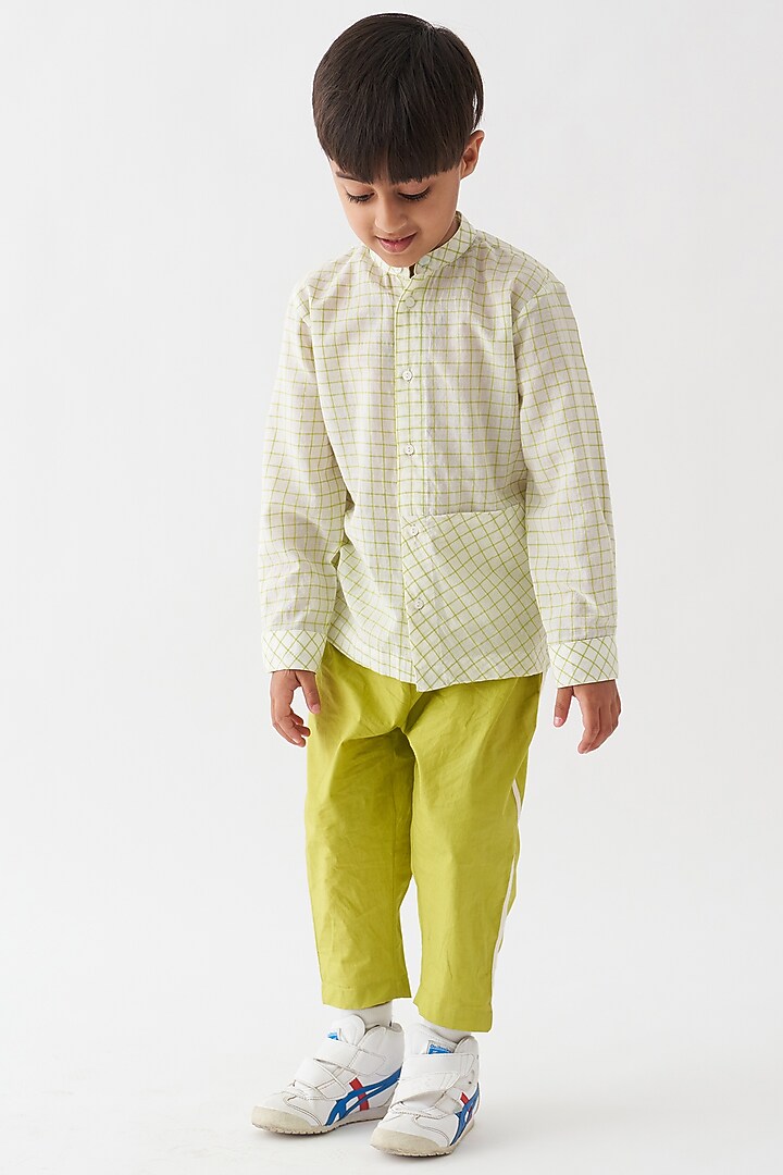 Ivory & Lime Handwoven Cotton Mul Applique Striped Co-Ord Set For Boys by Three Kidswear at Pernia's Pop Up Shop