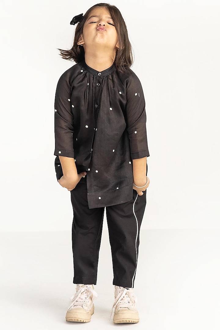 Black Polka Printed Peasant Top For Girls by Three Kidswear