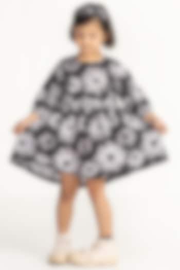 Black Cotton Poplin Floral Printed Dress For Girls by Three Kidswear