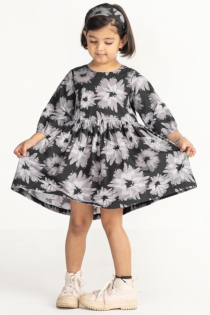 Black Cotton Poplin Floral Printed Dress For Girls by Three Kidswear