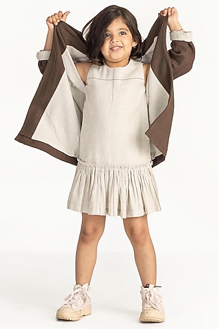 Olive Merino Wool Embroidered Jacket For Girls by Three Kidswear