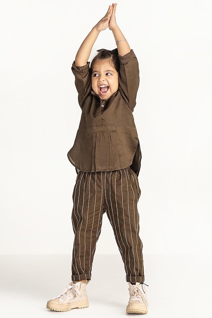 Olive Embroidered Pants For Girls by Three Kidswear