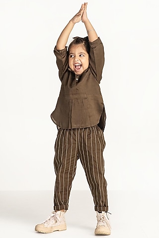 Olive Embroidered Pants For Girls by Three Kidswear