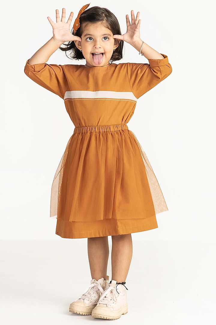 Rust Soft Net Layered Skirt For Girls by Three Kidswear