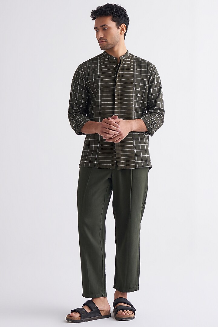 Olive Melange Checkered Co-Ord Set by Three Men at Pernia's Pop Up Shop
