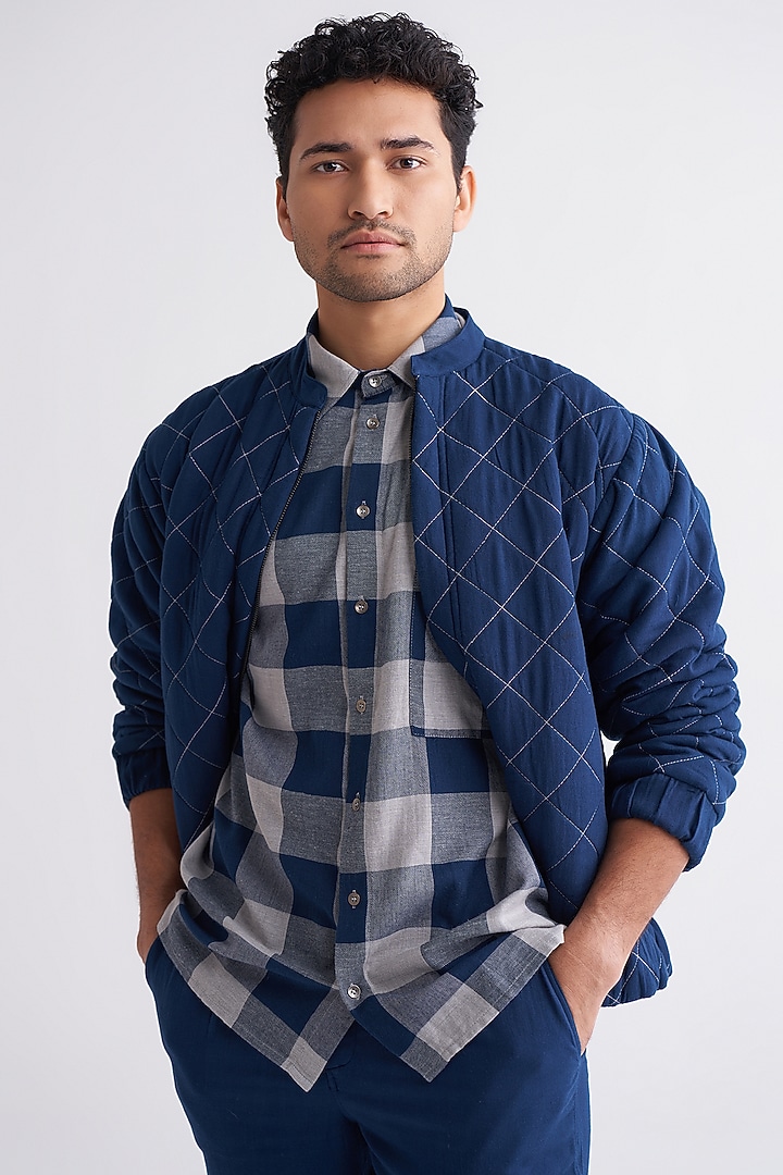 Navy Melange Bomber Jacket by Three Men at Pernia's Pop Up Shop
