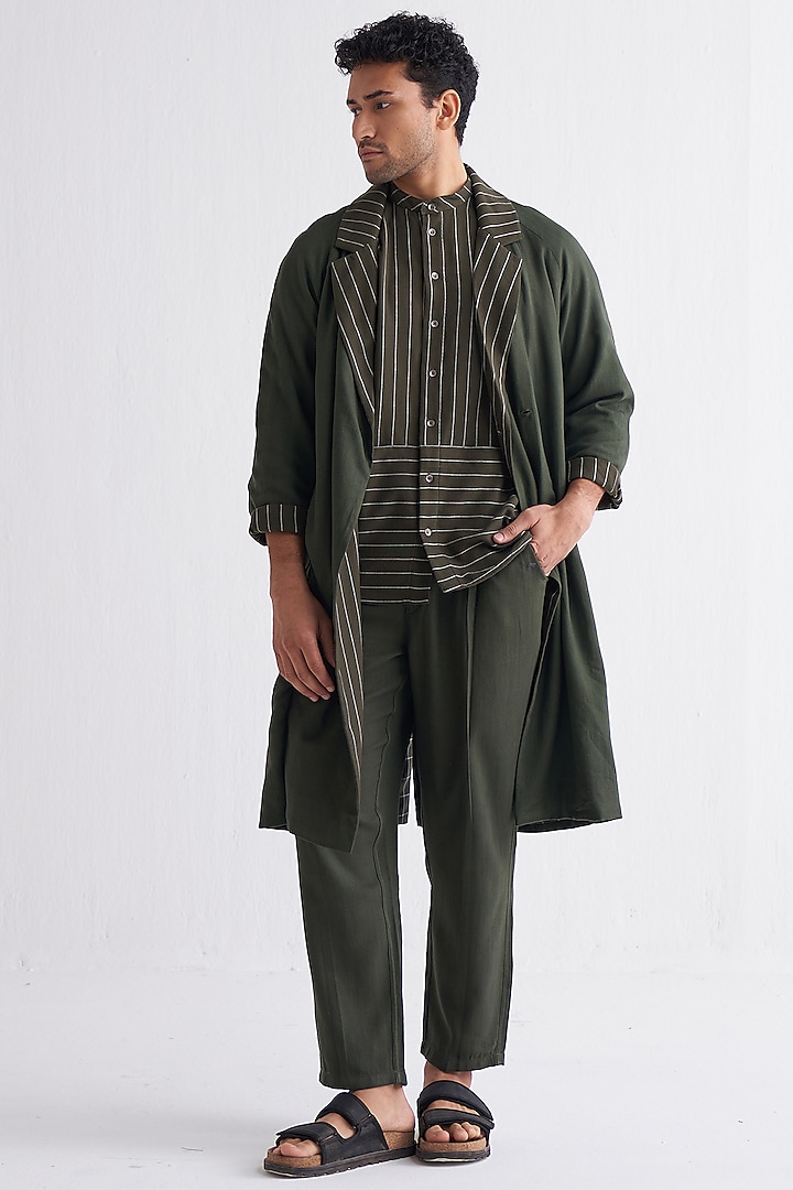 Olive Melange Striped Trench Jacket by Three Men at Pernia's Pop Up Shop