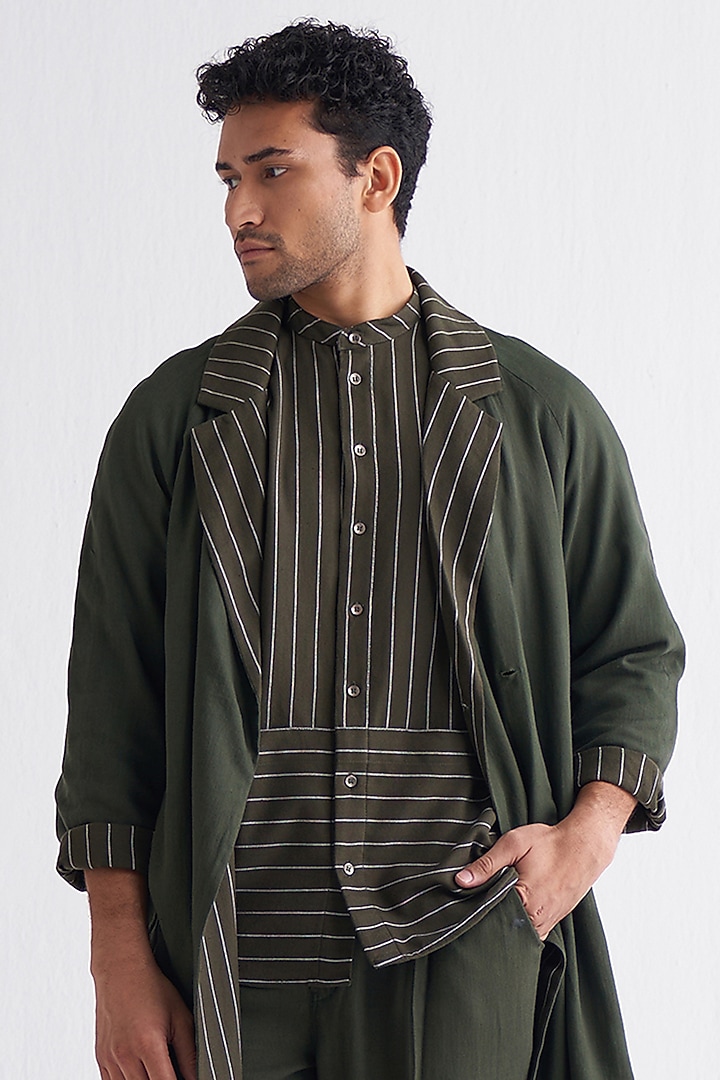 Olive Melange Striped Trench Jacket by Three Men at Pernia's Pop Up Shop