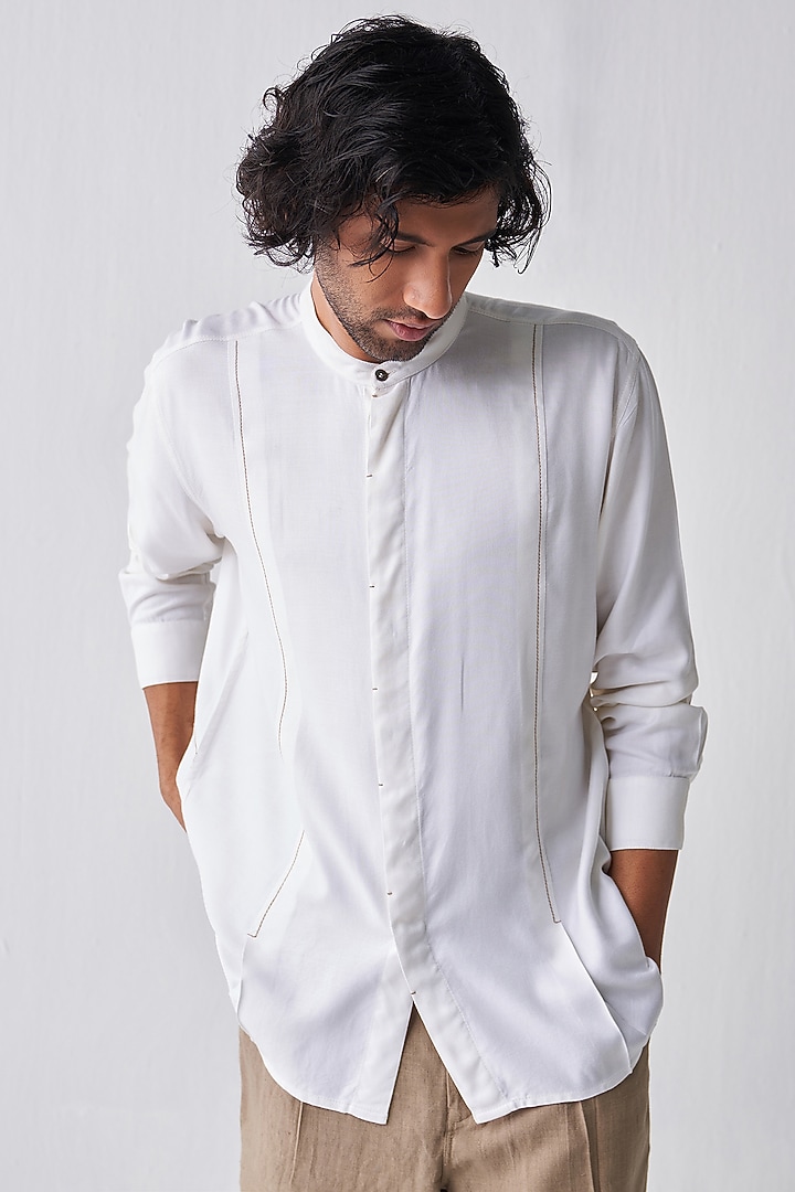 Ivory Tencel Party Wear Shirt by Three Men at Pernia's Pop Up Shop