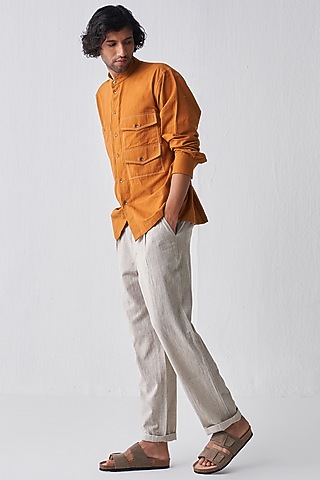 Rust Handloom Cotton Shirt by Three Men