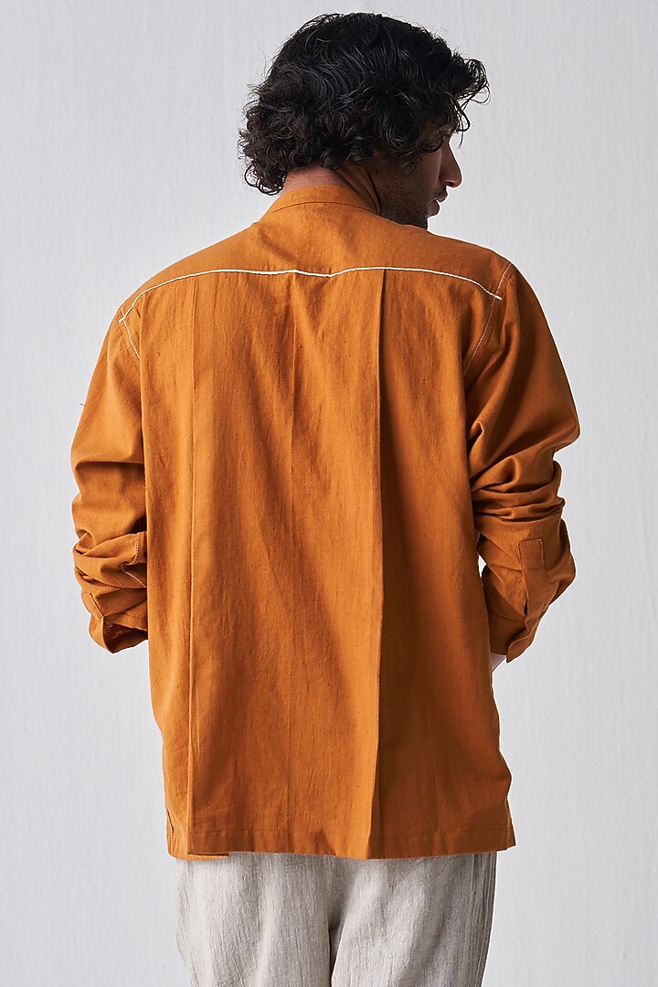 Rust Handloom Cotton Party Wear Shirt by Three Men at Pernia's Pop Up Shop