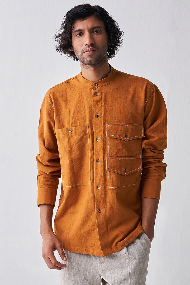 Rust Handloom Cotton Party Wear Shirt by Three Men at Pernia's Pop Up Shop