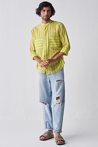 Lime Mul Striped Shirt by Three Men