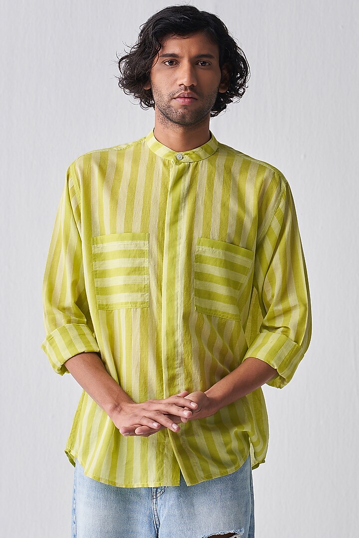 Lime Mul Striped Party Wear Shirt by Three Men at Pernia's Pop Up Shop