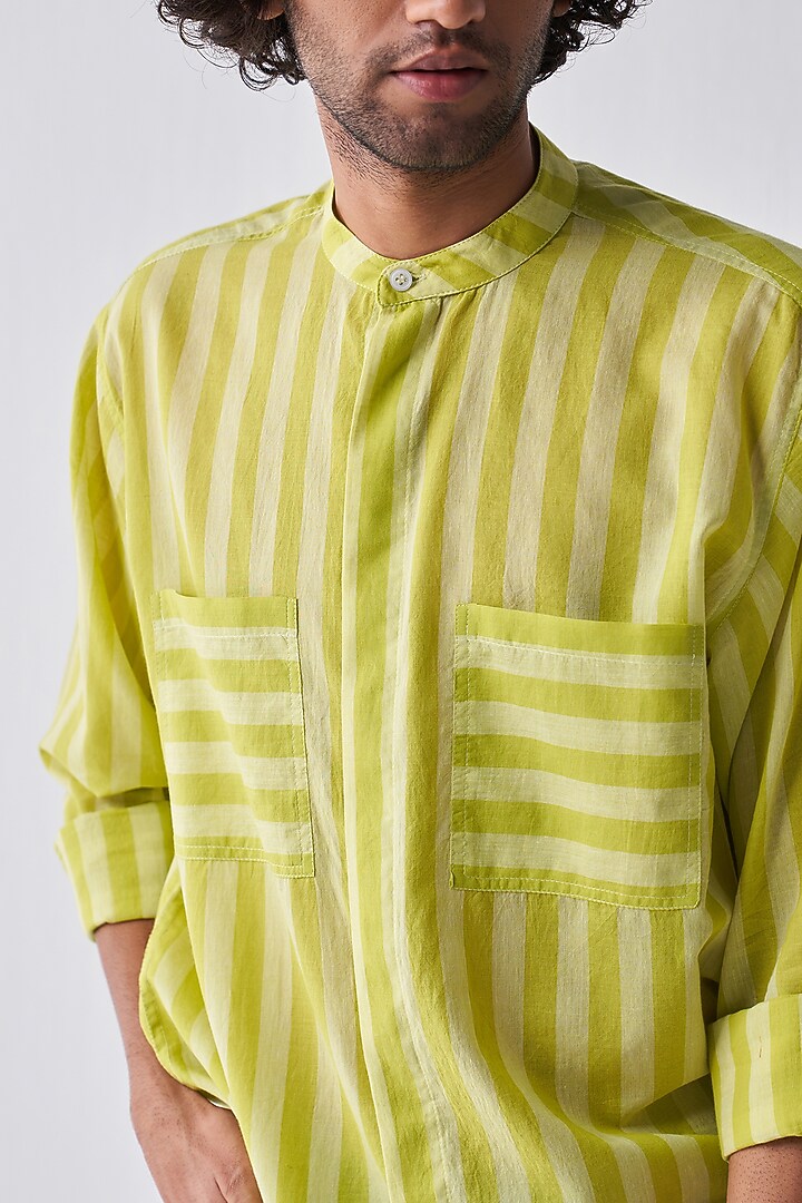 Lime Mul Striped Party Wear Shirt by Three Men at Pernia's Pop Up Shop
