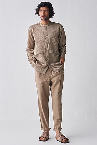 Sage Chanderi Embroidered Shirt by Three Men