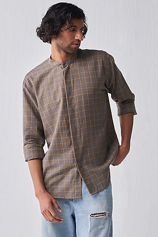 Charcoal Handloom Cotton Checkered Shirt by Three Men