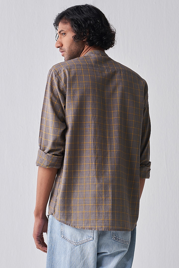 Charcoal Handloom Cotton Checkered Party Wear Shirt by Three Men at Pernia's Pop Up Shop