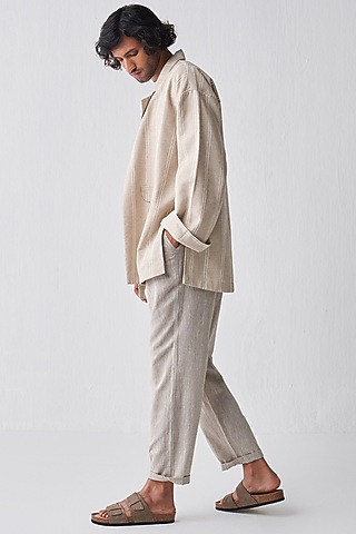 Beige Handloom Cotton Pleated Pants by Three Men
