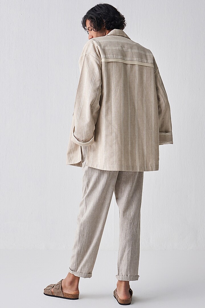 Beige Handloom Cotton Pleated Pants by Three Men at Pernia's Pop Up Shop