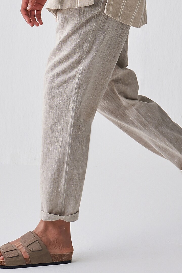 Beige Handloom Cotton Pleated Pants by Three Men at Pernia's Pop Up Shop