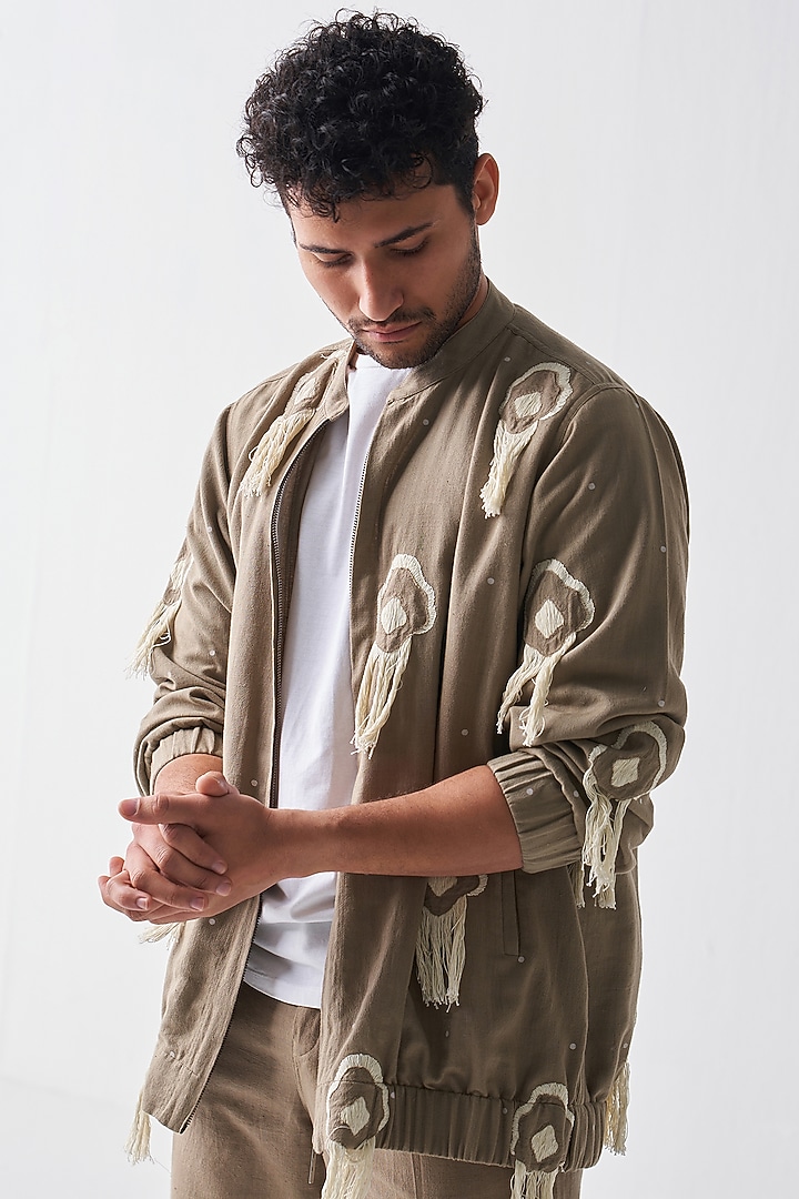 Sage Handloom Cotton Bomber Jacket by Three Men at Pernia's Pop Up Shop