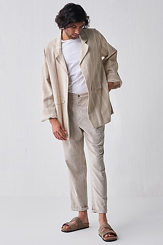 Beige Handloom Cotton Jacket by Three Men