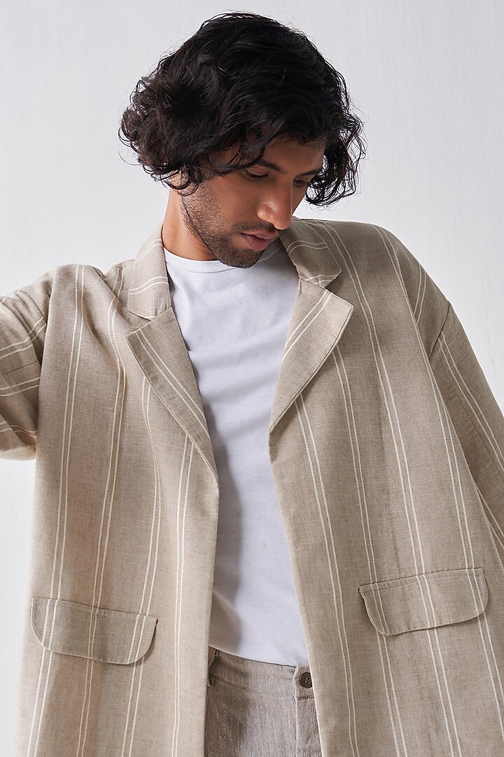 Beige Handloom Cotton Jacket by Three Men at Pernia's Pop Up Shop